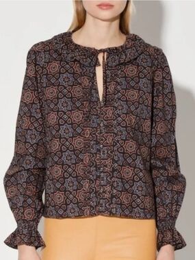 Walter Baker $168 Cameron Ruffled Tie-Neck Printed Blouse in Brown Multi, Nwt, L